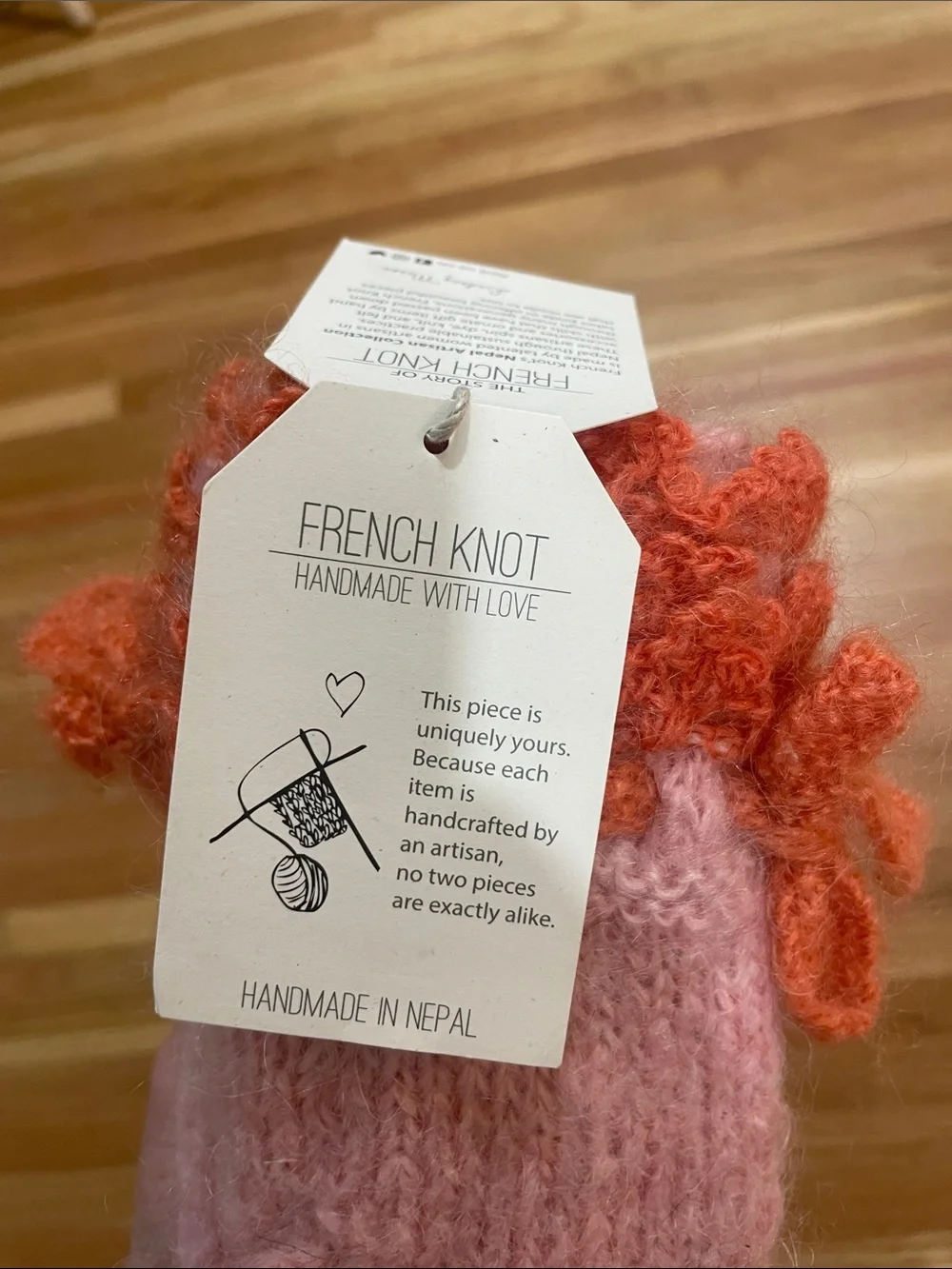 NEW French Knot Handknit Pink & Orange Mohair Handwarmer Gloves with Bow Detail